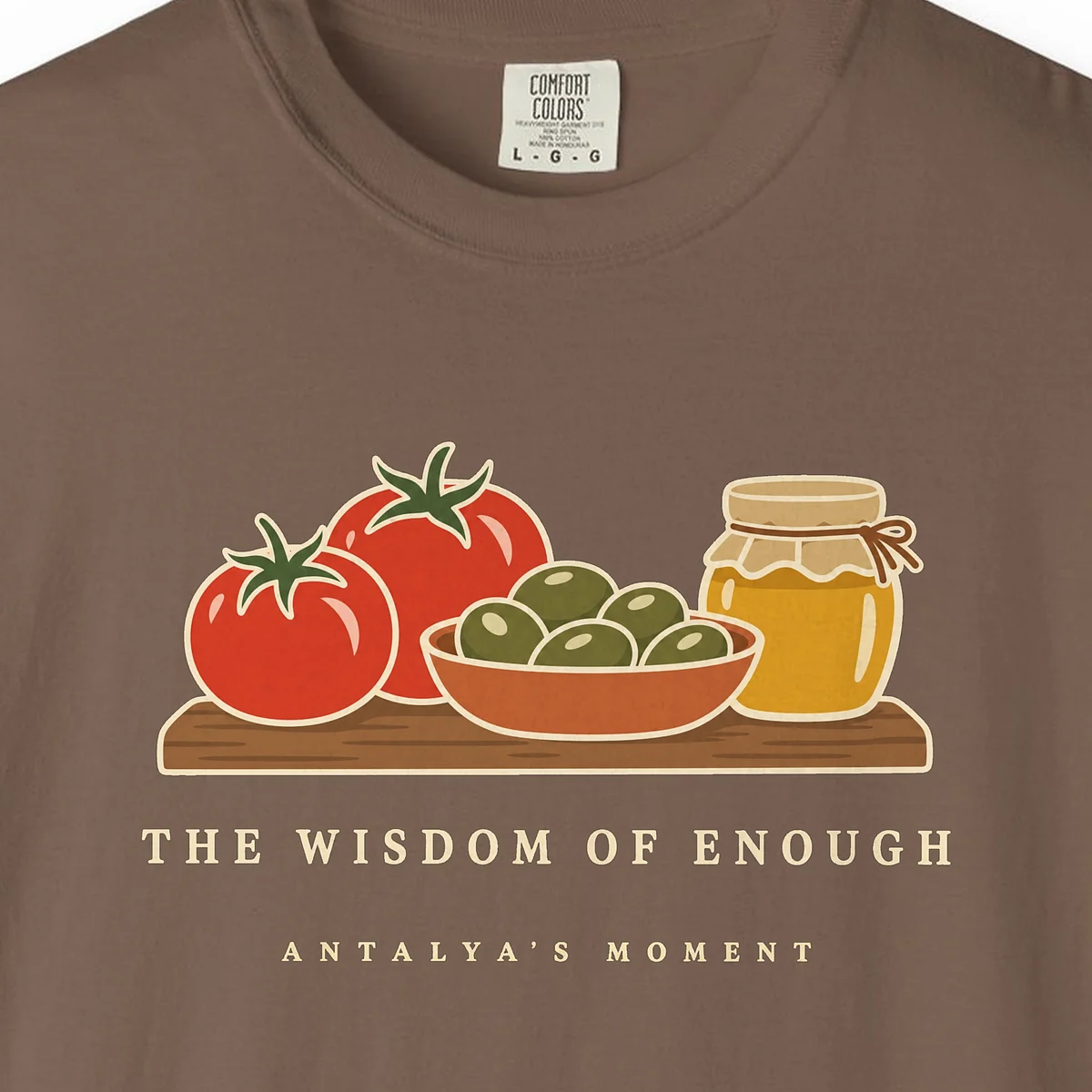 The Wisdom of Enough Night Tee in Espresso, close-up