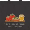 Close-up of the The Wisdom of Enough Night design printed on a black canvas tote, with the top seam and handles