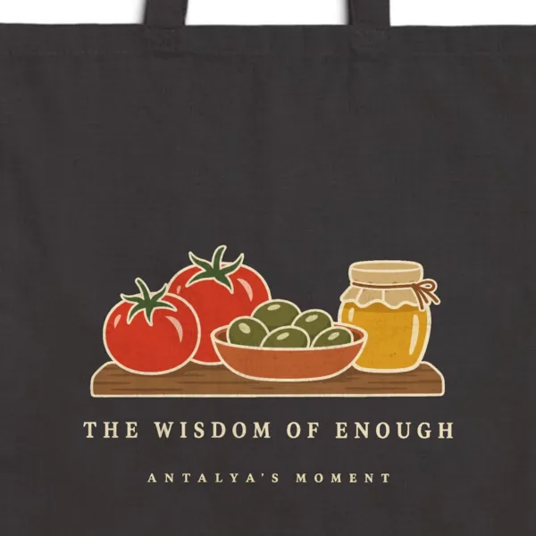 Close-up of the The Wisdom of Enough Night design printed on a black canvas tote, with the top seam and handles