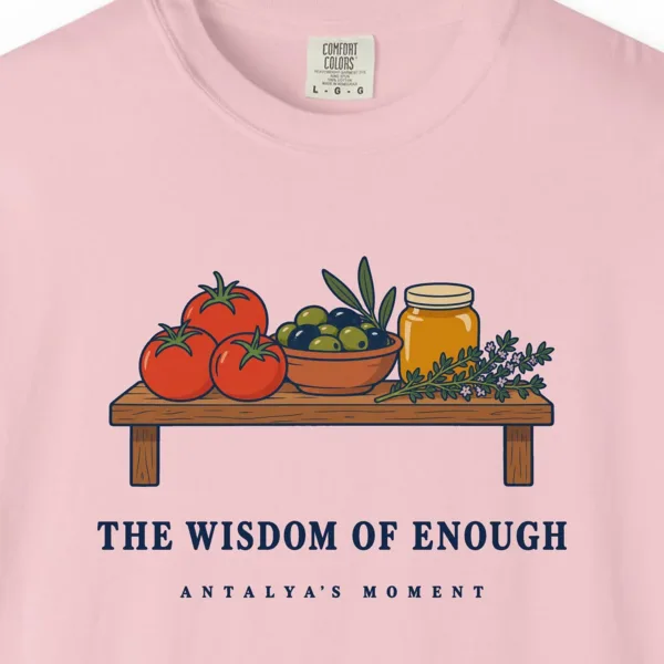 the-wisdom-of-enough-tee-blossom-chest-v1 The Wisdom of Enough Tee in Blossom, close-up