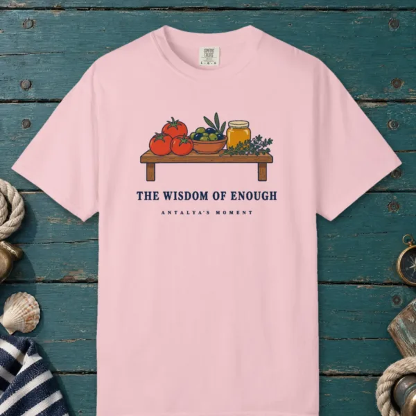 the-wisdom-of-enough-tee-blossom-front-v1 The Wisdom of Enough Tee in Blossom, front view