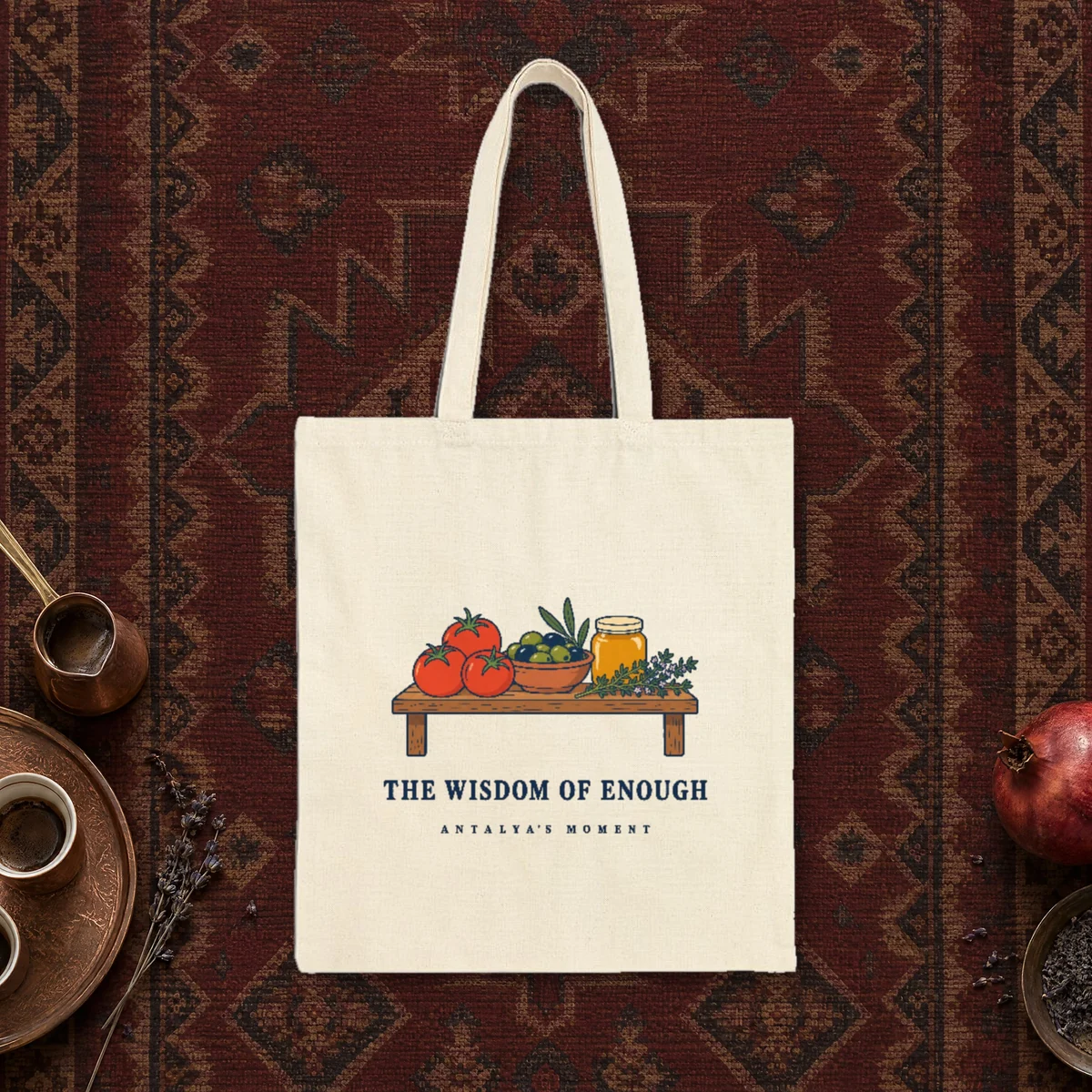 The Wisdom of Enough design on a natural canvas tote, laid flat