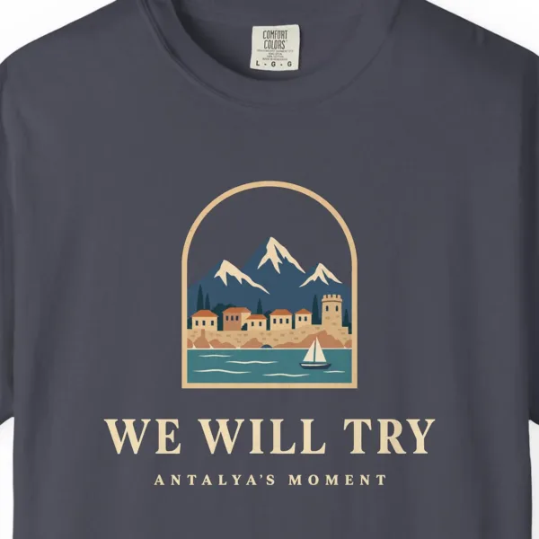 We Will Try Night Tee in Navy, close-up
