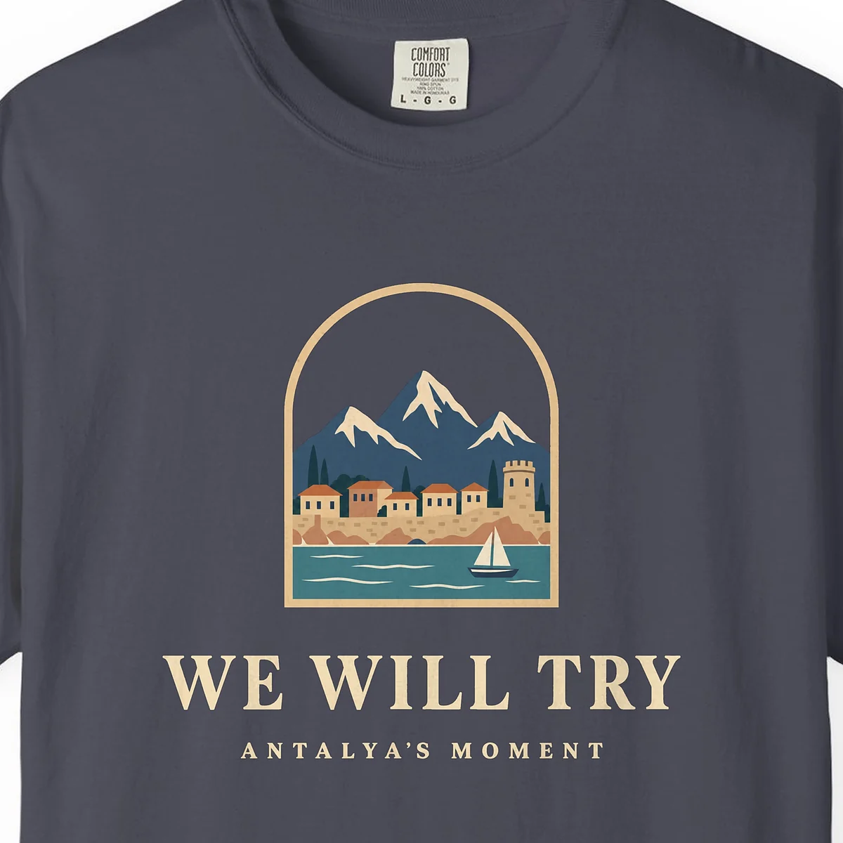 We Will Try Night Tee in Navy, close-up