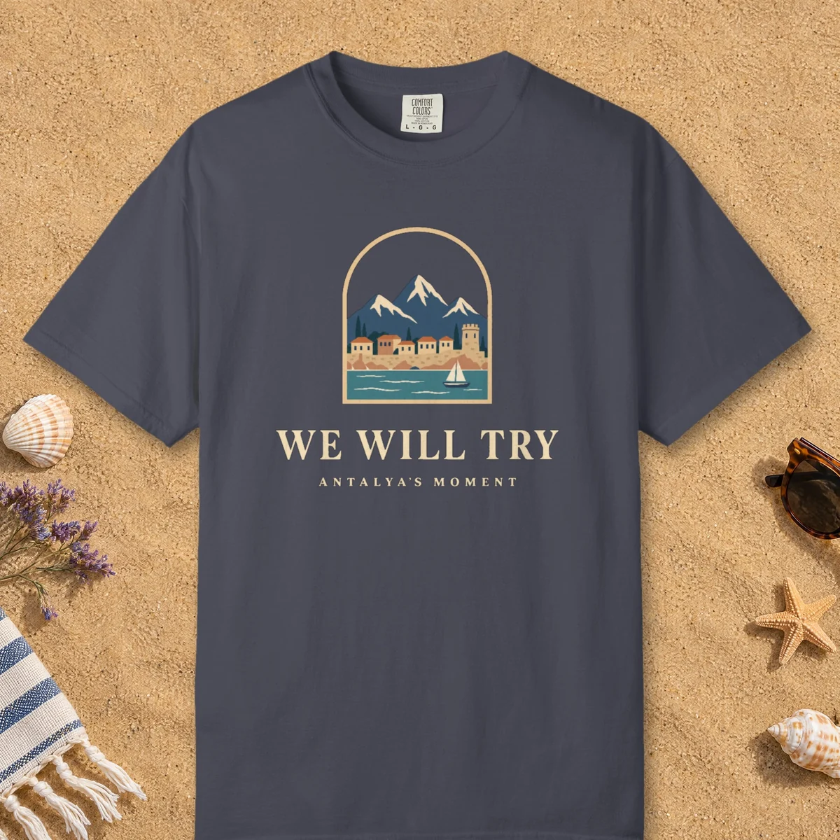 We Will Try Night Tee in Navy, front view