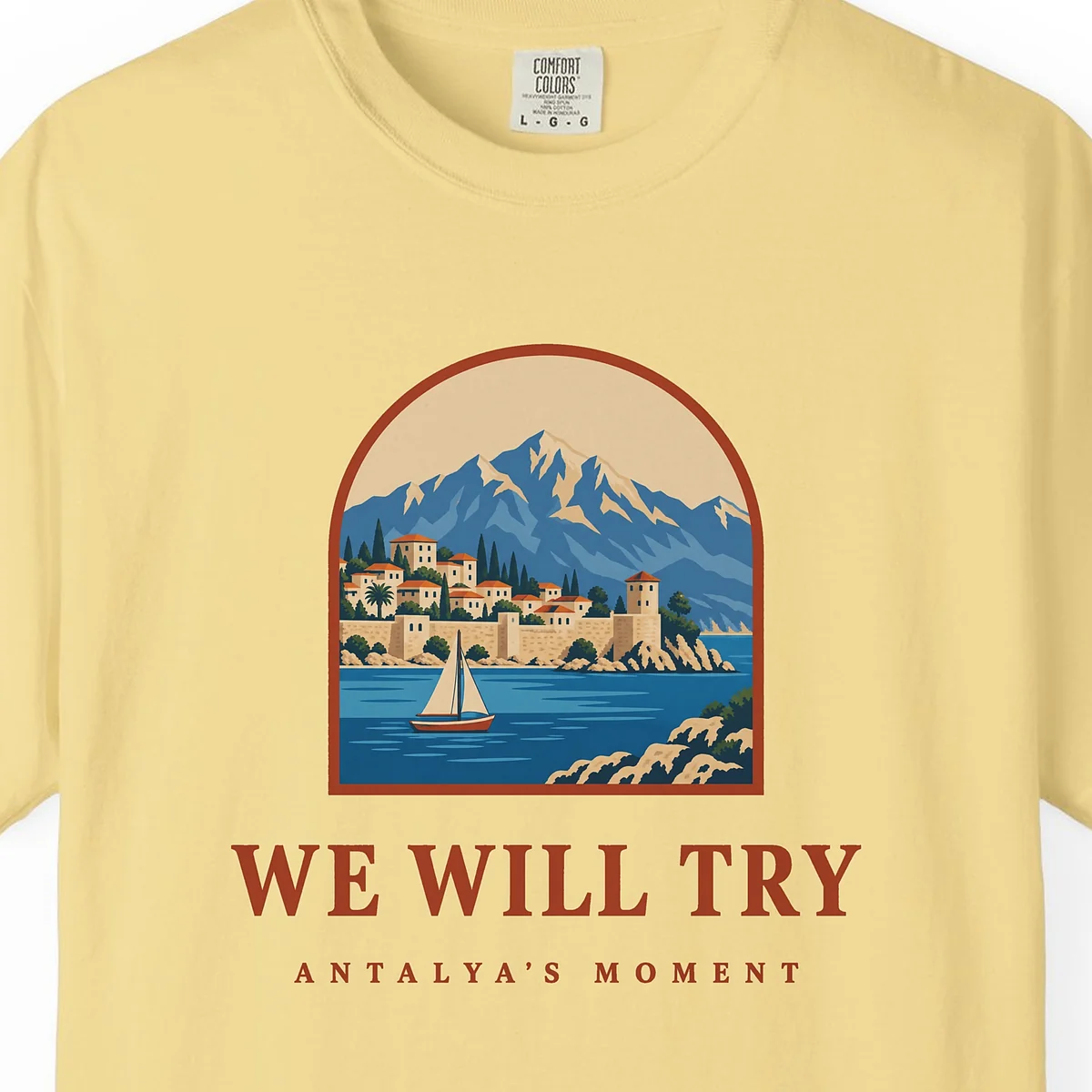 We Will Try Tee in Butter, close-up